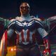 Anthony Mackie as the new Captain America in The Falcon and the Winter Soldier. He still wears his trademark wings but has a red white and blue suit with a large star on his chest, he's also carrying the famous vibranium shield.